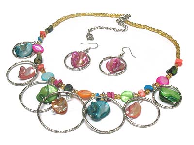 Sea shell disk and metal round ring seed bead necklace and earring set 