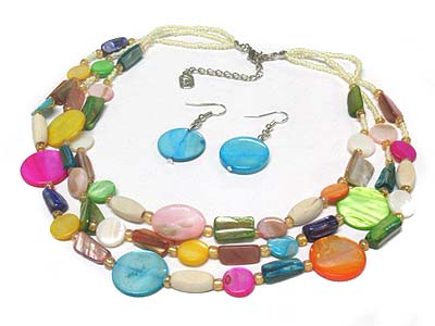 Multi shell disk and deco triple strands seed bead necklace and earring set