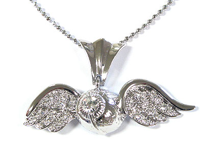 Made in korea whitegold plating crystal ball wing pendant necklace