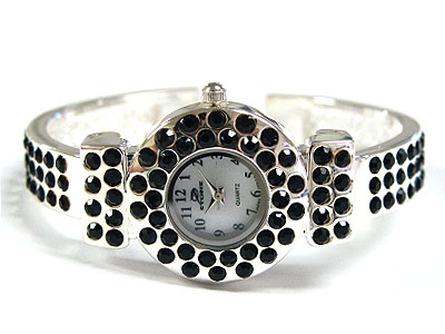 Crystal on metal cuff bangle women watch