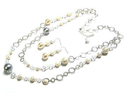 Two row chain and beads long necklace and earring set