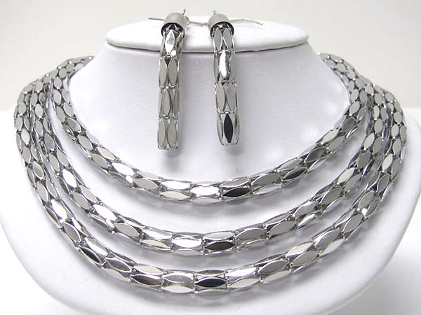 Triple metal tube chain necklace earring set