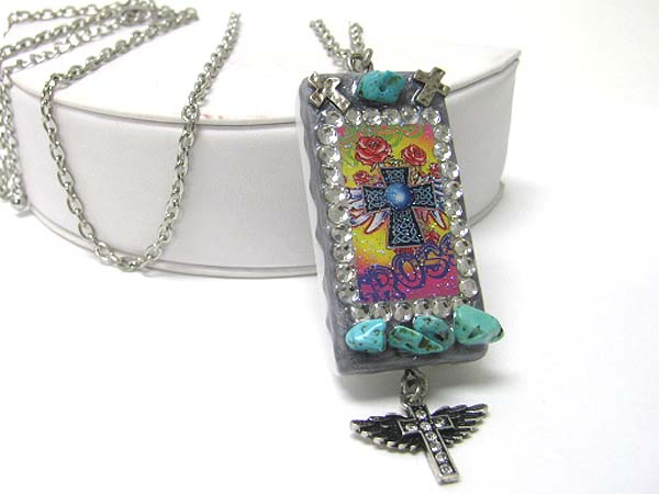 Cross theme domino printed s hook hot fix charm necklace