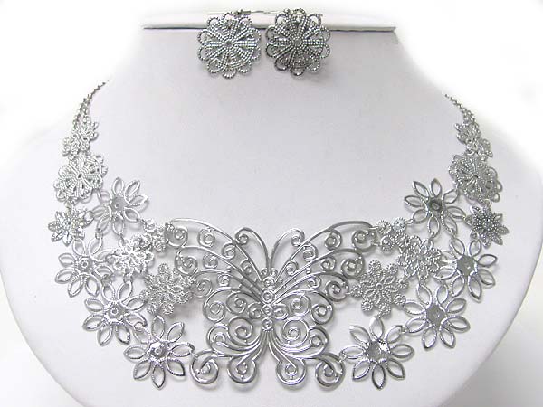 Metal filigree flower and butterfly necklace earring set