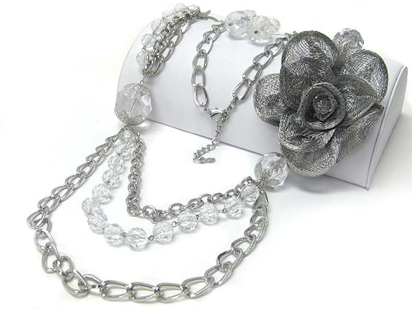 Metal wire flower accent multi strand chain long necklace earring set