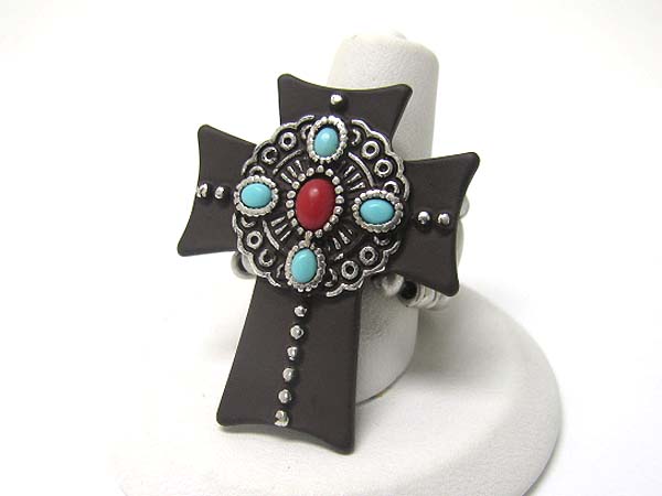 Stone deco colored metal cross stretch ring