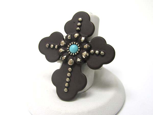 Stone deco colored metal cross stretch ring