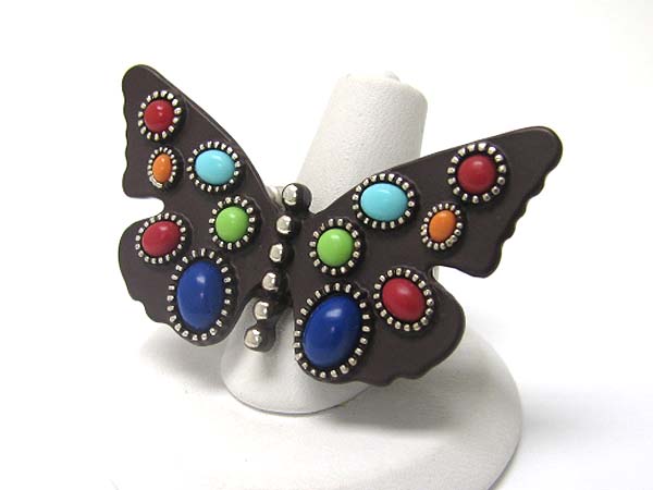 Stone deco colored metal butterfly stretch ring