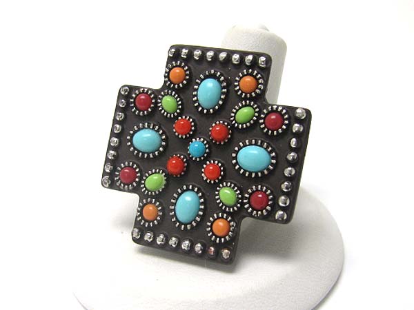 Stone deco colored metal cross stretch ring