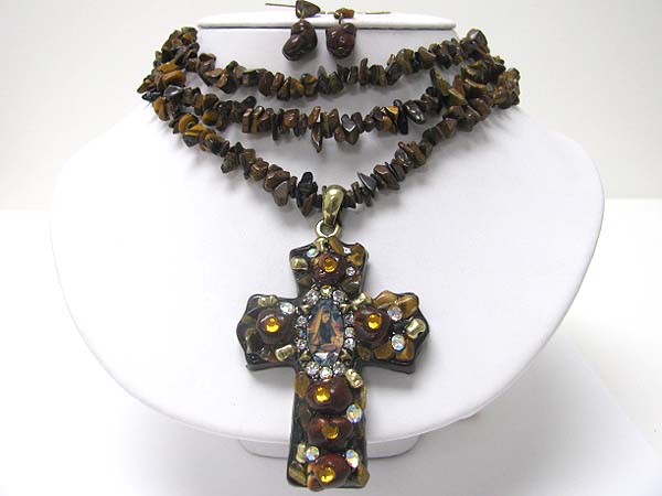 Multi strand mixed natural chip stone large cross pendant necklace set