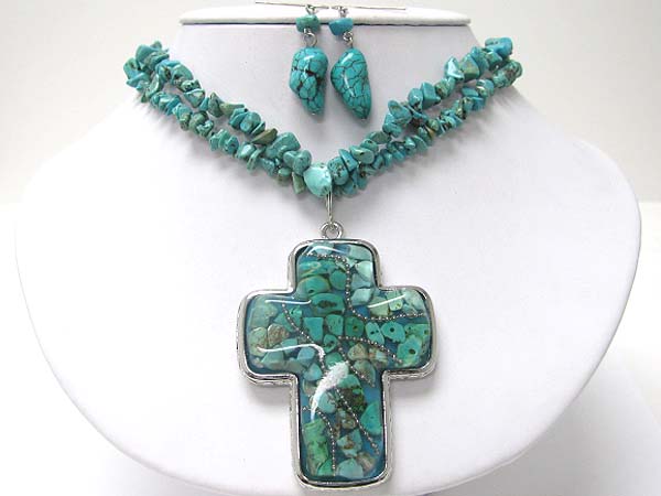 Multi strand mixed natural chip stone large cross pendant necklace set