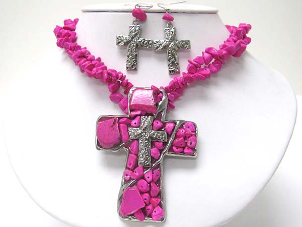 Multi strand mixed natural chip stone large cross pendant necklace set