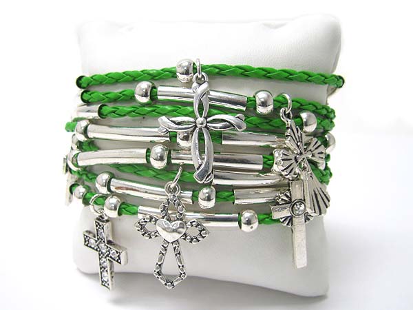 Cross charm multi row braided cord bracelet