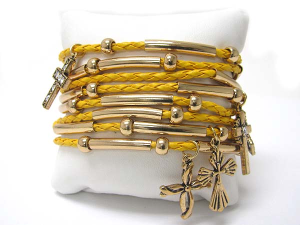 Cross charm multi row braided cord bracelet