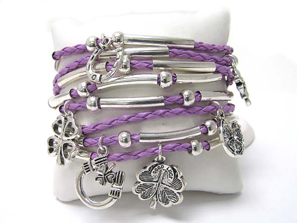 Clover charm multi row braided cord bracelet