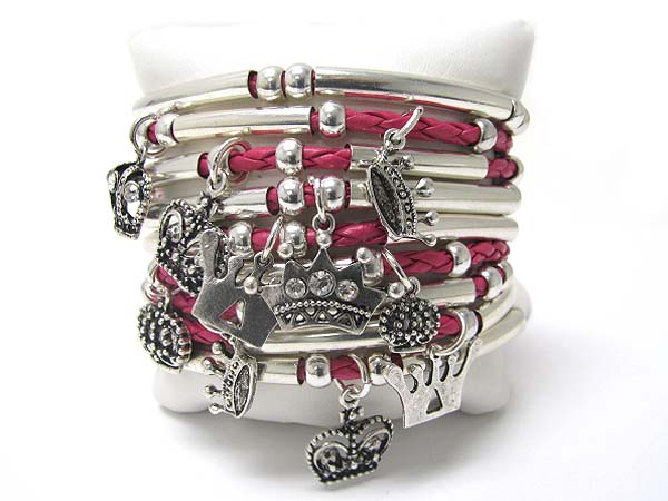 Crown charm multi row braided cord bracelet