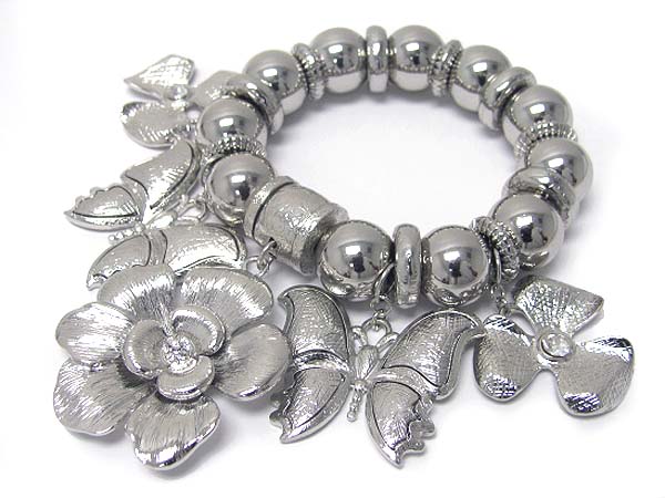 Metal flower and butterfly charm metal ball stretch bracelet