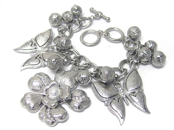 Metal flower and butterfly charm metal ball stretch bracelet