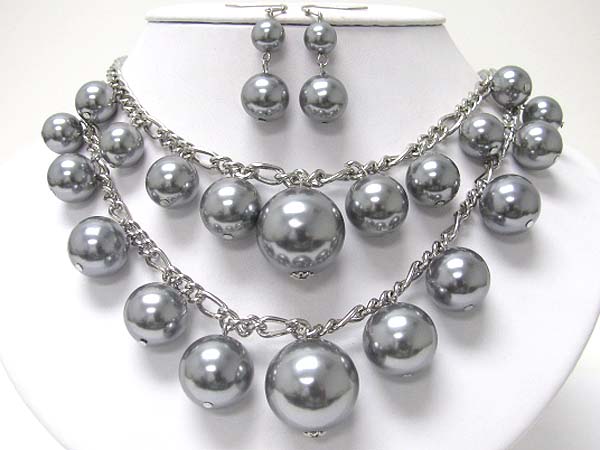 Double row pearl ball dangle necklace earring set