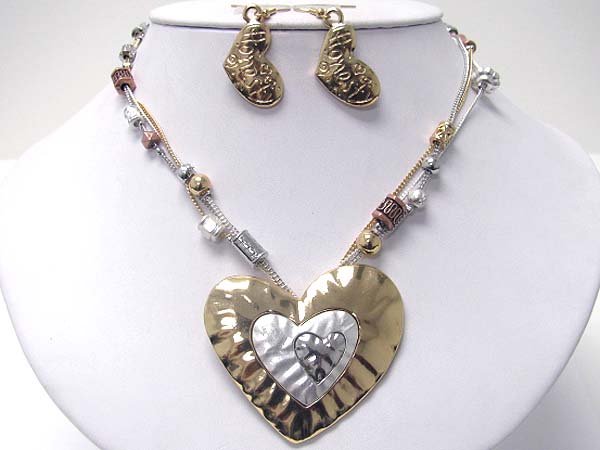 Antique look two tone metal heart pendant necklace earring set