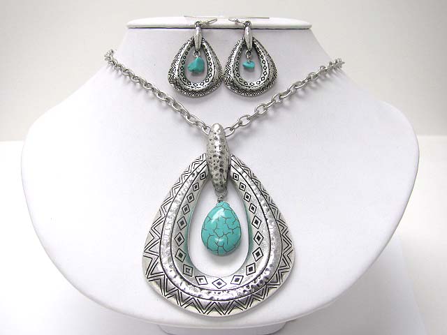 Antique look turquoise dangle metal textured pendant necklace earring set