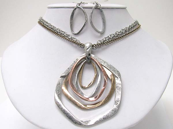 Antique look multi metal hoop dangle necklace earring set - hoops