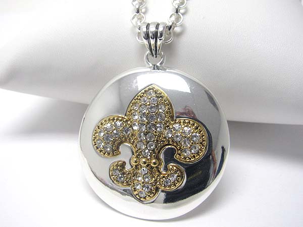 Crystal stud fleur de lis ropund pendant necklace