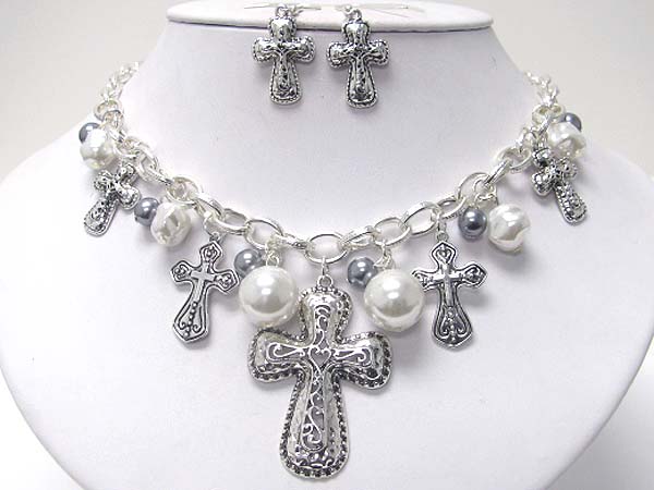 Multi metal cross charm and pearl ball drop necklace earring set