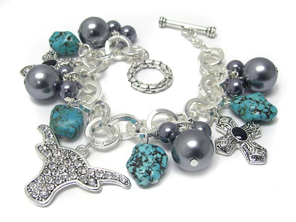 Crystal stud western charm and turquoise stone dangle bracelet