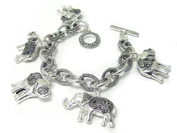 Marcasite look multi elephant charm dangle bracelet