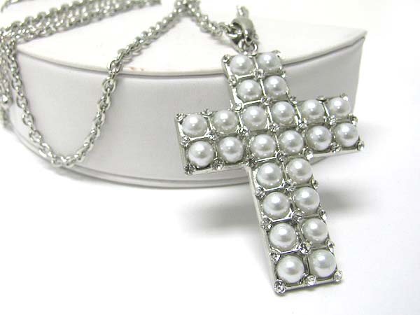 Pearl ball stud large cross pendant long necklace