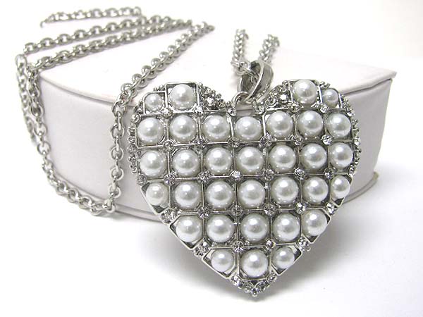 Pearl ball stud large heart pendant long necklace