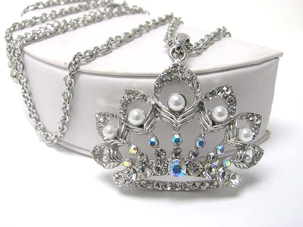 Crystal and pearl ball stud large crown pendant long necklace