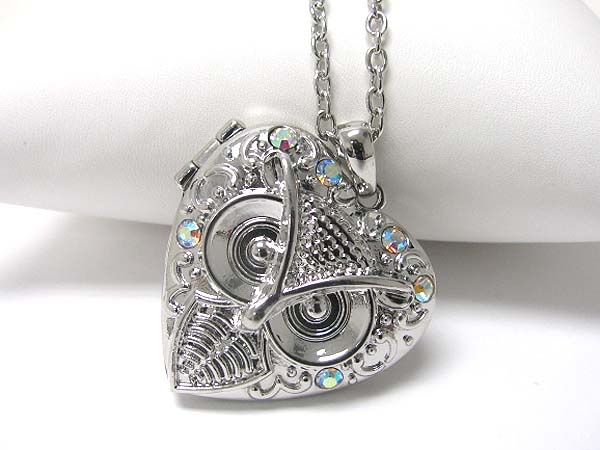 Crystal stud owl heart locket pendant long necklace