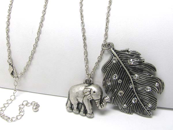 Crystal stud leaf and elephant  pendant long necklace