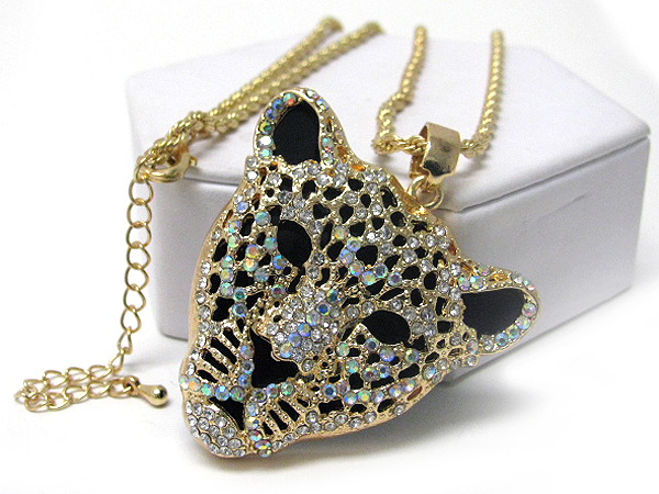 Crystal stud large leopard pendant long necklace