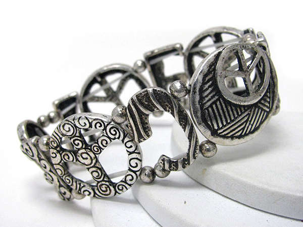 Multi textured metal peace link stretch bracelet