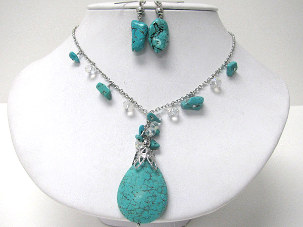 Large tear drop turquoise pendant necklace earring set