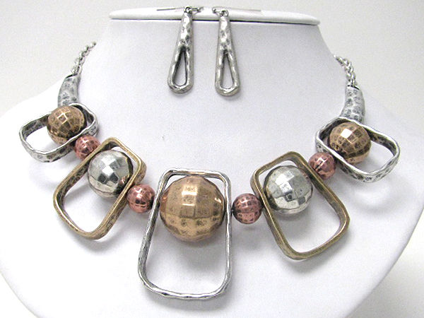 Multi metal ball and square border link statement necklace earring set