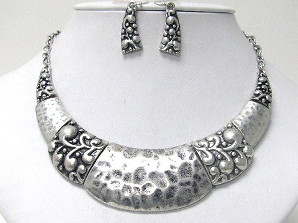 Architectural hammered and textured metal crecent link half chocker necklace earring set