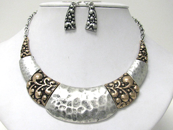 Architectural hammered and textured metal crecent link half chocker necklace earring set