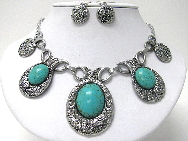 Multi turquoise on metal disk drop statement necklace earring set