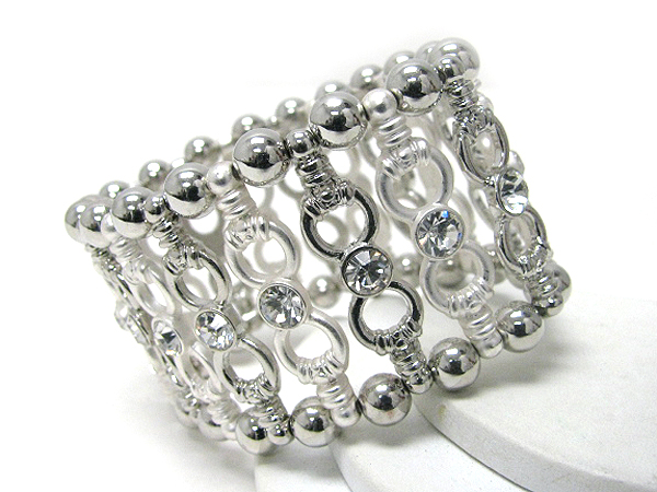 Architectural crystal deco metal bar and ball link wide stretch bracelet