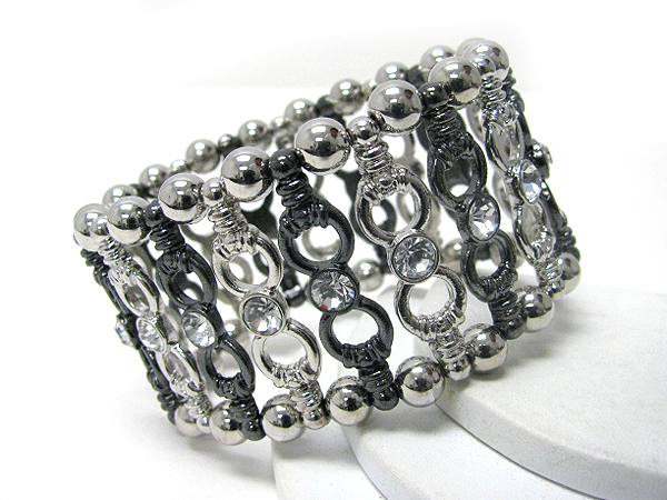 Architectural crystal deco metal bar and ball link wide stretch bracelet