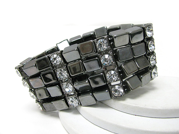 Crystal and metal square piece link stretch bracelet