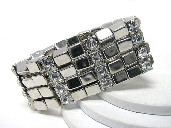 Crystal and metal square piece link stretch bracelet