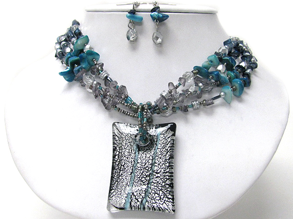 Murano glass square pendant and chip stone link chain necklace earring set