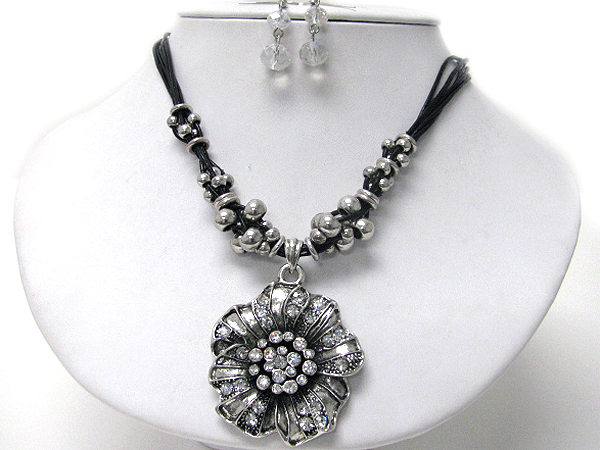 Crystal center deco metal flower pendant and multi cord chain necklace earring set