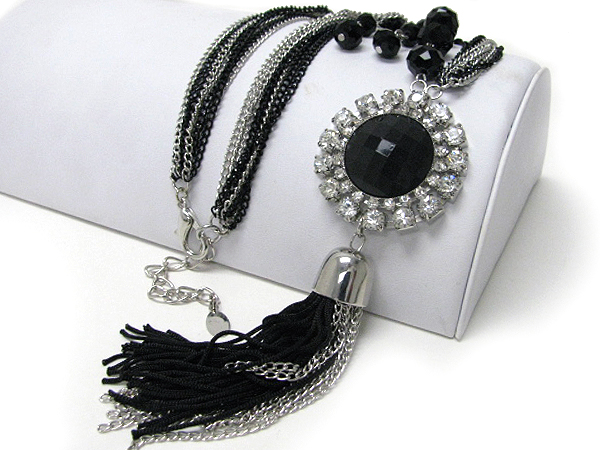 Black acrylic facet and crystal deco multi chain necklace earring set