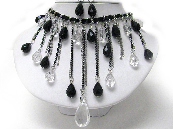 Multi acrylic tear drop on chain and suede statement necklace earring set